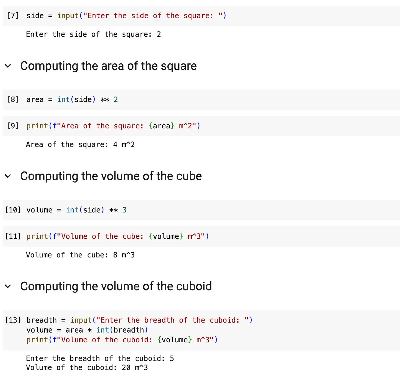 Simple Python notebook to compute area and volume